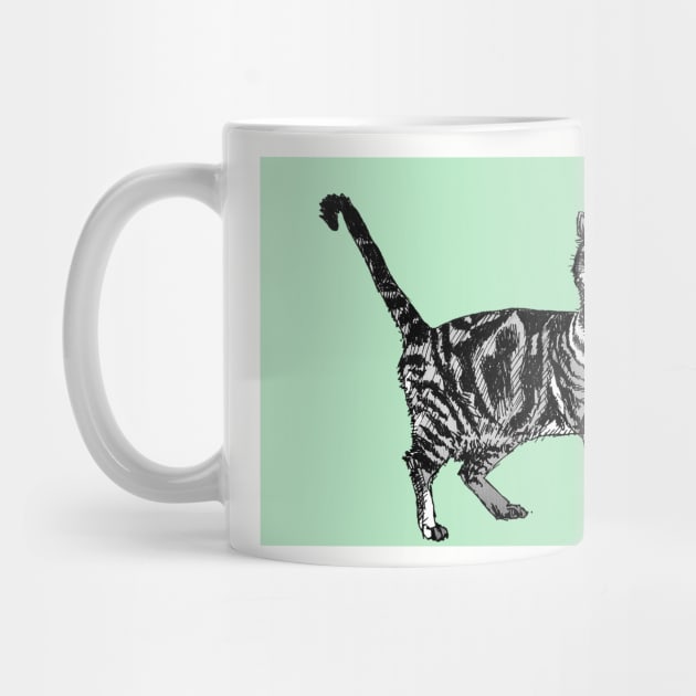 Cute Striped Tabby Cat Art Mint Green by SarahRajkotwala